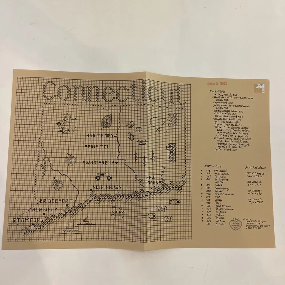 MAP OF CONNECTICUT Cross Stitch Pattern Sue Hillis Designs Vintage 1979 - Image 1 of 2