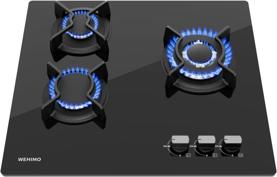 WEHIMO 7750 W Gaskochfeld 3 Flammen Glaskeramik Gasherd Einbauherd Erdgas Propangas Neu