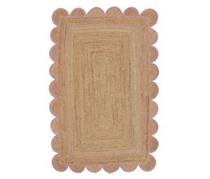 Rug Jute Scallop Rectangle Braided Farmhouse Pink Trim Rug Rustic Look Area Rug - Picture 1 of 6