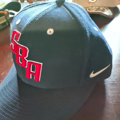 Showcase Baseball Academy SBA Hat Cap The Game Fitted 7 3/8 Blue with red Script - Image 1 of 4