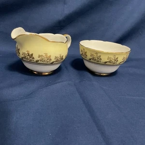 HTF Sucre ouvert et crémier motif Sharon, noisette, bande jaune bordure dorée fleurie - Photo 1/7