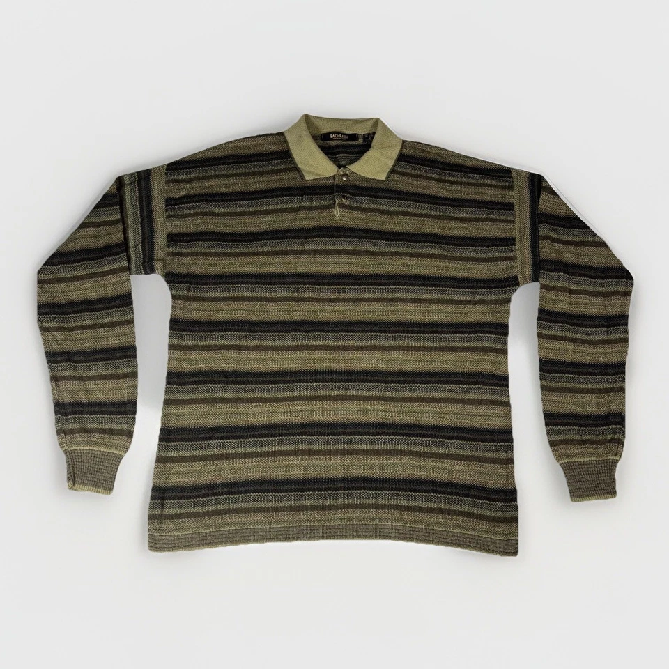 Suéter Polo Bachrach Vintage Hombres XL Verde Oliva Rayas Lana Tejido Manga Acanalada Foto 1 de 4