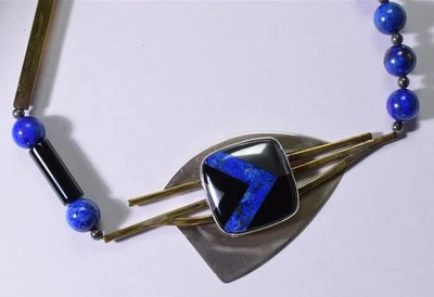 Mid Century Modern 30" Necklace Artisan Lapis, Hematite, Onyx Sterling Brass - Image 1 of 4