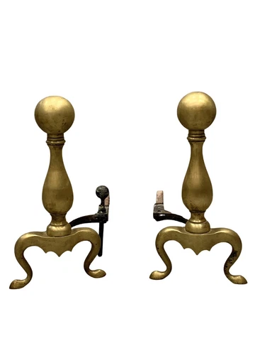 Large Antique Brass Andirons ~ Ball Top ~ Cannonball ~ Chippendale Style Cover