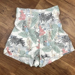 C & C California Women Sz 10 High Waist Linen Shorts Tropical Parrots Leaves - Picture 1 of 8