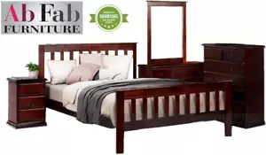 BANKSIA QUEEN TIMBER BEDROOM SUITE BED FRAME 2 X BEDSIDE CHESTS TALLBOY WALLNUT - Picture 1 of 4