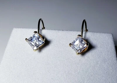 14k Yellow Gold Princess Cut White Topaz Earrings/ Aretes de Oro - Image 1 of 4