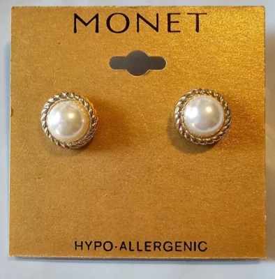 Pendientes Monet Oro Poste Trasero con Perlas Redondas Blancas y Borde Torcido 1/2 Pulgada Nuevos Foto 1 de 2