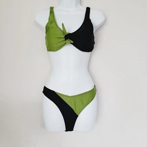 NEW Cupshe Woman's Black Green Bikini Medium Thong Color Block  - Picture 1 of 7