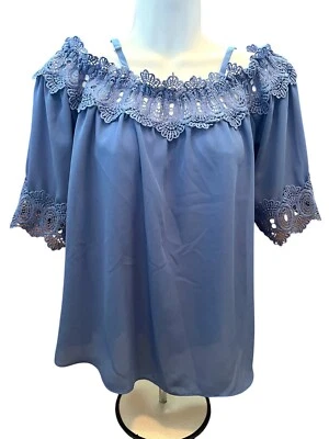 iZ Byer Blue Off Shoulder Top Lace Short Sleeve Size Medium Chiffon Straps Loose - Image 1 of 4