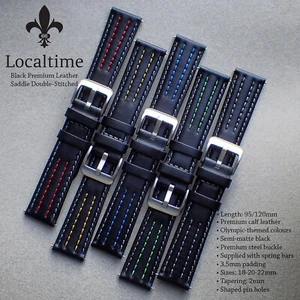 CLEARANCE Double-Stitch Smooth Black Calf Leather Watch Straps 5 Colours 18-22mm - Picture 1 of 12