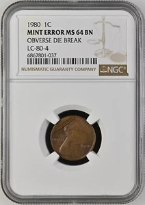 1980 Lincoln Cent NGC MS64BN CUD Obverse Die Break Toned Coin 1C Mint Error - Picture 1 of 4
