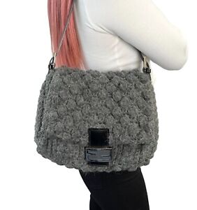 FENDI Vintage FF Logo Knit Mamma Baguette Shoulder Bag Handbag Gray Wool RankAB