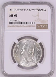Egypt 10 Piasters 1933 MS 63 King Fuad, Fouad Silver Graded by NGC AH 1352 - Picture 1 of 3
