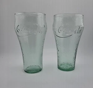 Two Vintage 16 oz Coca-Cola Glasses Pebbled Dimpled Textured Green COKE - Picture 1 of 7