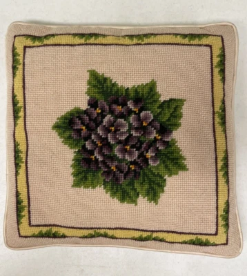 Travesseiro vintage de lã bordado blush rosa cetim costas roxo violetas 12 x 12 - Imagem 1 de 4