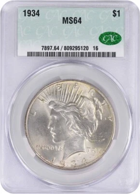 1934 Peace Silver Dollar MS64 CACG - Image 1 of 4