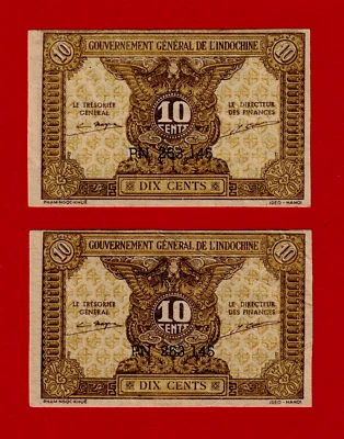 10 Cents 1942 Gvrmnt Generale De L'indochine ERROR (XF) Sign Mayet & Cousin P89a - Image 1 of 2