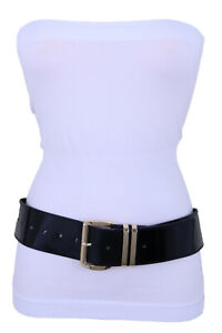 Women Black Faux Leather Wide City Wear Belt Gold Metal Bling Buckle Size M L XL