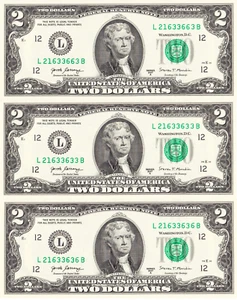 "Set of Three 2017A $2 Uncirculated Banknotes - Fr. 1941-L - Sequential Serials - Picture 1 of 7