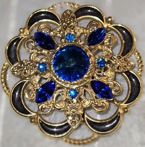 Vintage Brosche Anstecknadel goldfarben blau Strass mit Schmucksteinen Glitzer - Bild 1 von 2