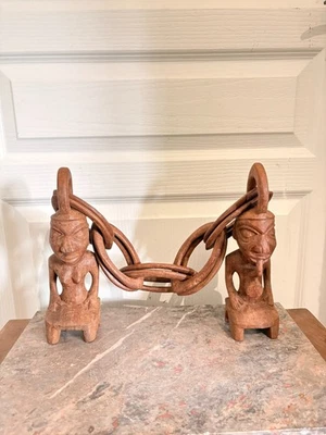Art Africain Primaire Primitif Sculpture Statue Bois Chaîne Mariage Bois Sculpté - Photo 1/4
