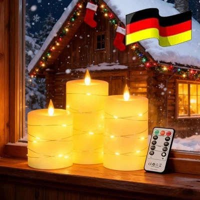 Set of 3 Flickering Flameless LED Candles with String Lights Timer Remote Control - Image 1 of 4