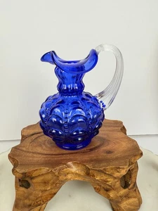 Fenton Glass Cobalt Blue Beaded Melon Pitcher With Clear Handle - Picture 1 of 8
