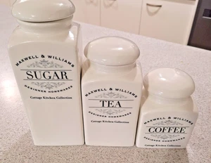 MAXWELL & WILLIAMS 3 Cottage Kitchen Collection canisters white sugar tea coffee - Picture 1 of 11
