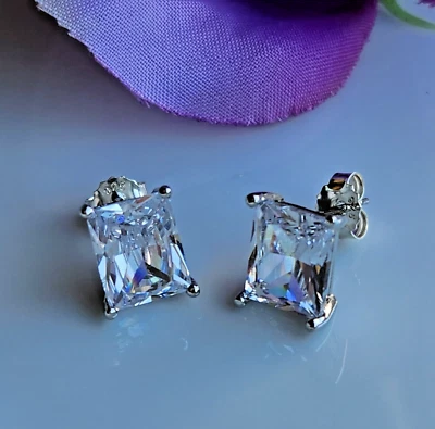 8CT Rectangle Lab-Created White Sapphire Stud Earrings 925 Sterling Sliver - Image 1 of 4