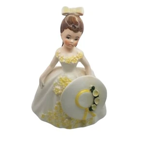 Vintage Lefton Lady Planter Brunette with Bow Yellow Dress with a Hat 1337A 7" - Picture 1 of 9