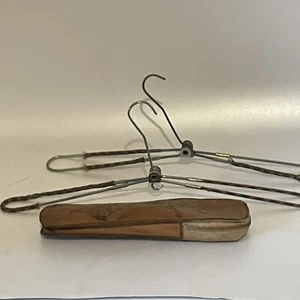 Set Of 2 Vtg Travel Coat Hangers Folding In Leather Pouch prop decor use - Picture 1 of 14