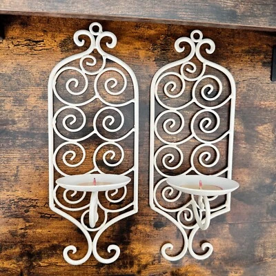 Juego de 2 candelabros de pared de metal de hierro forjado color blanco roto de colección Foto 1 de 4