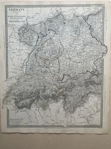 1843 Baden Bavaria, Tyrol, Switzerland Hungary Antique Hand Coloured Map by SDUK - Picture 1 of 3
