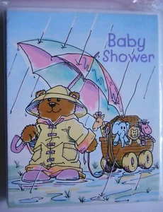 BABY SHOWER Invitations Teddy Bear w/Umbrella in Rain NOAH'S ARK 8 count Sealed - Picture 1 of 3