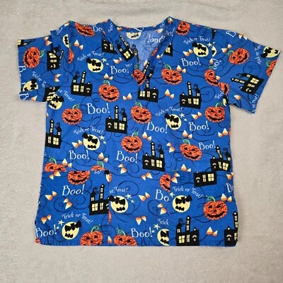 Blusa Médica de Halloween para Mujer Pequeña Azul Peds Enfermera Enfermería Murciélagos Calabaza Octubre Foto 1 de 4