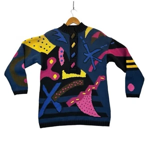 Maglione donna vintage Lisa Nichols taglia 2 anni 90 colorato astratto arcobaleno chiusura a scatto - Foto 1 di 16