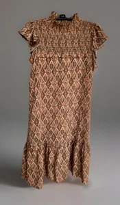 THML Anthropologie Womens Dress Brown Geometric Smocked Flutter Sleeve Size XS - Imagen 1 de 13
