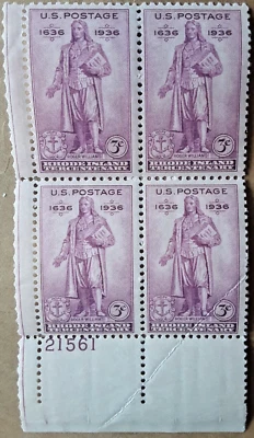 1936 Scott#777 3c Stamp Plate#21561 BLCKOF 4 Rhode Island Tercentenary Env#1 MNH - Image 1 of 2
