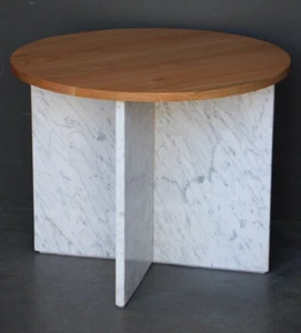 Vintage Modern minimalist Scandinavian solid oak top carrara marble LAMP TABLE - Picture 1 of 13