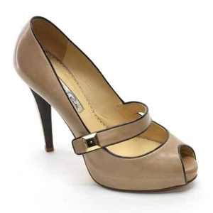 Ladies Oscar de la Renta Mary Jane Pump 36 / 6 Taupe Leather Peep Toe Heel Shoes - Picture 1 of 5