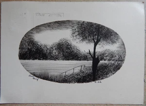Postal dibujo de pluma de toque única pintada a mano firmada + titulada 1935 - Imagen 1 de 5