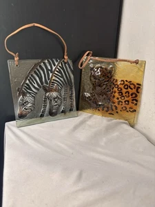 Leopard & Zebras verschmolzene Kunst Glas Wanddekor quadratische geprägte Textur Plakette 6" - Bild 1 von 7