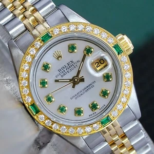 Rolex Ladies Datejust 18KY & SS White Mop Dial Diamond Emerald Bezel Watch 69173 - Picture 1 of 22