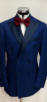 Esmoquin azul de lujo floral Ariston jacquard doble botonadura seda y cachemir Foto 1 de 3