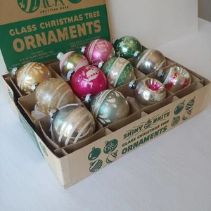 Vintage Christmas Glass Shiny Brite Ornaments Mica Stencil Double Indent Lot Box - Picture 1 of 17