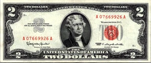 1963 $2 Red Seal (FANCY SERIAL # A07669926A ) Legal Tender CVF-XF-Fr. 1513 - Picture 1 of 3