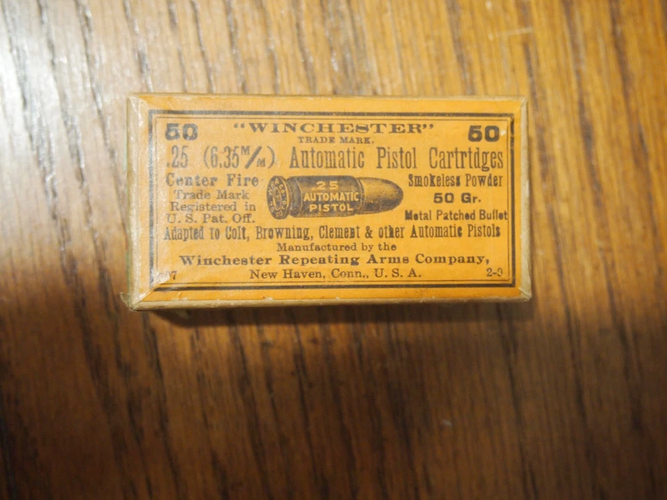 Caixa vazia – Cartuchos de pistola automáticos Winchester .25 originais raros 1910 - Imagem 1 de 4