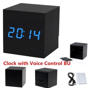 Digital LED Black Wooden Wood Desk Alarm Brown Clock Voice Control BU - Picture 1 of 10