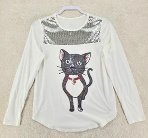 Justice Casual Shirt Scoop Neck Long Sleeve Sequin Cat Pullover 16 - Picture 1 of 7